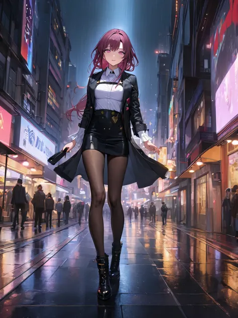 (1 girl), masterpiece, photoactual, 8k, (actual: 1.2), whole body, looking at the audience, pantyhose, purple hair, (Kafka: 1.2), pedestrian mall, beauty, (Medium breasts: 1.2) night, night sky, City, Cityscape, rain, (Dramatic: 1.2)