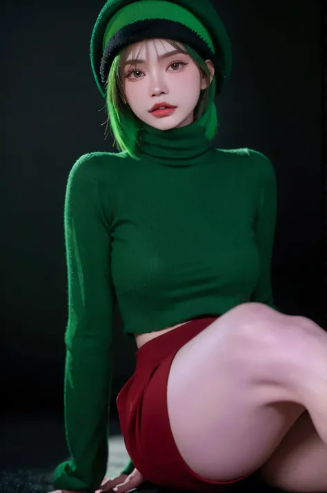 HDR, UHD,8K, face High Quality, nokiapretty, Turtleneck, shot Skirt, (((black background 8k))), (((wool hat))), Faux Bob hair, greenhair,