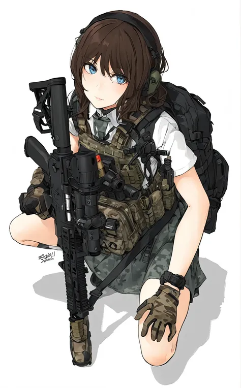 cartoon picture of girl holding gun and carrying backpack, bring rifle, mechanized soldier girl,medium chest(1:3) infantry girl,...