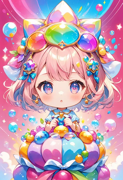 Mika Pikazo colorfull style, Simple Line Initialism，Abstract art，(((The most beautiful girl of all time))), (((chibi))), Sweet face. colorful hearts, funny design, (((bosom buddy ))), (((Cute Aliens))), The background is space