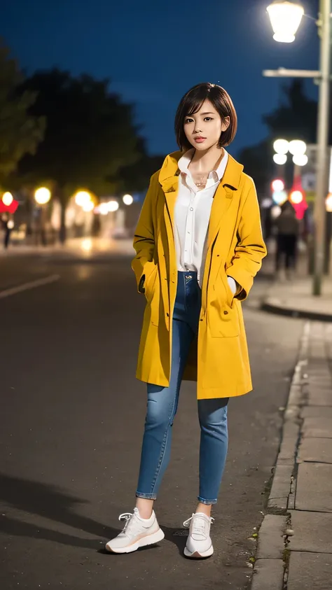 high quality,16K:1.1),(Depth of written boundary:1.3) ,Full body photo、smile、Standing woman、smile、Short Haircut、Wearing a coat、shirt、Skinny jeans、sneakers、View your viewers:1.3),(Full Body Shot:1.2),Background is a park at night