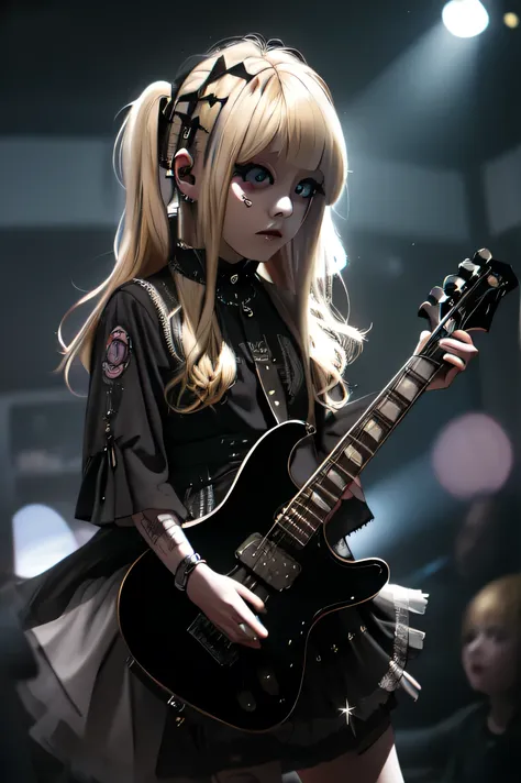 high quality picture, masterpiece, 4k. luminous, reality, blond bobbed hair, punk style gothicdress, playing electric guitar, bi...