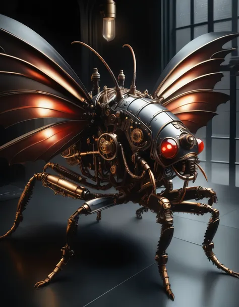 a mechanical cyberpunk cockroach, intricate gears and circuits, hexagonal metallic exoskeleton, glowing red eyes, insectoid legs...