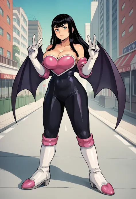 score_9, score_8_up, score_7_up, score_6_up, source_anime, rougecosplay, 1girl, solo, bodysuit, elbow gloves, knee boots, bare shoulders, white gloves, bat wings,  large breasts, black bodysuit,  kiryuin_satsuki, black hair, outside, standing, city, double...