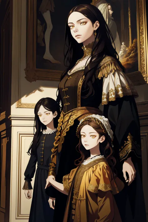 a highly detailed, absurd portrait of a family, a painting on the wall, 1girl with long dark hair and golden eyes standing besid...