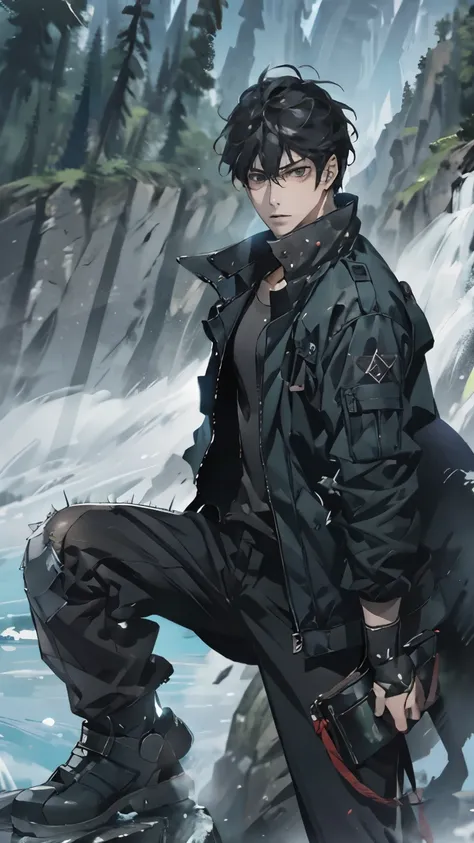 male、tank top、wearing a jacket and black trousers、black hair、fierce on the ice、独奏、glaring at the camera、dynamic pose、highest qua...