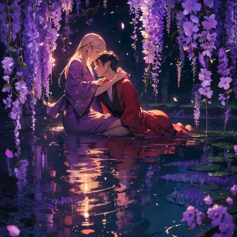 a man is kissing a woman in the wisteria forest, dark night, , (Beautifully Aesthetic:1.2),wisteria, peace, tranquility, serenity, petals, red kimono