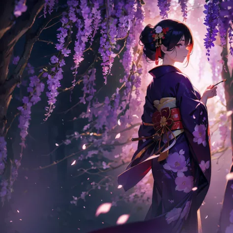 a beautiful geisha in the wisteria forest,  dark night, , (Beautifully Aesthetic:1.2),wisteria, peace, tranquility, serenity, petals, red kimono