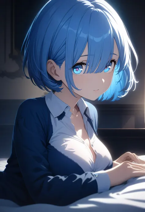 one girl、masterpiece, highest quality, rem, one girl, collared shirt、short hair、beautiful blue ocean hair color、short hair, (blu...