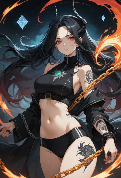 anime girl,chains,dark colors,sexy,a mystic,Clear drawing деталей,Two hair colors Red-Green,Dark and Captivating,Clear drawing Тела,One hand with a dragon tattoo,tight underwear,Black Nebula,And magic with fire,ultra detail,bright colors,Clear drawing,long...