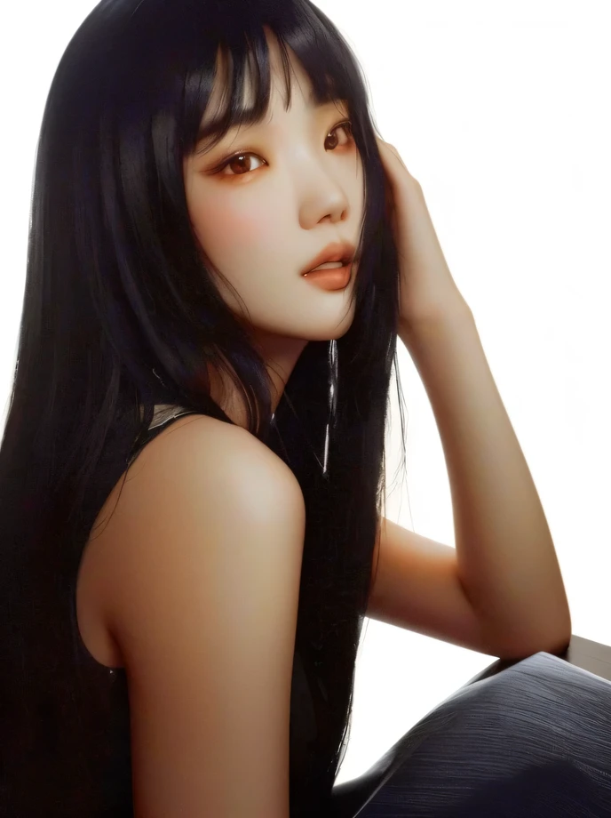 There is a woman with long black hair sitting on a chair, from my part, park from my part, Gongbi, Lee Ji Eun, lee ji-eun, She has black hair with bangs, heonhwa choe, Shin Min Jeong, Sun Yunjoo, quack ji joven, Seseon Yoon