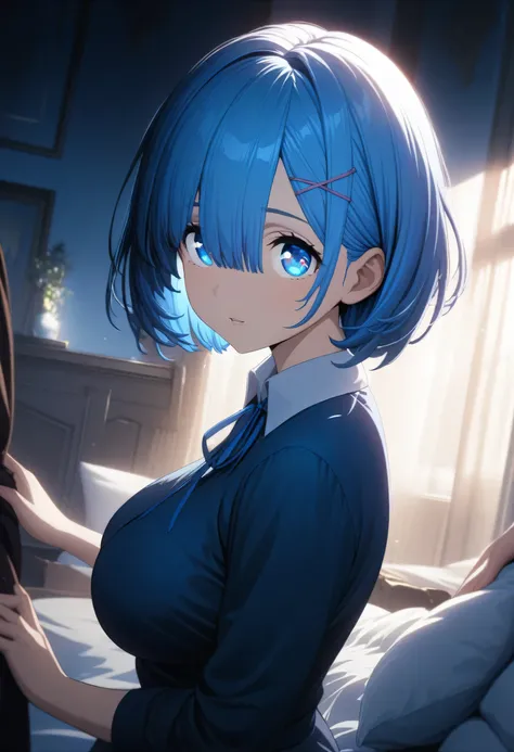One Girl、masterpiece, Highest quality, rem, One girl, Collared shirt、short hair、Beautiful blue ocean hair color、Short Hair, (Blue eyes:1.5), Blue ribbon, ribbon, Side Lock, (Larger breasts:1.2), BREAK looking at viewer, BREAK indoors, BREAK (masterpiece:1....