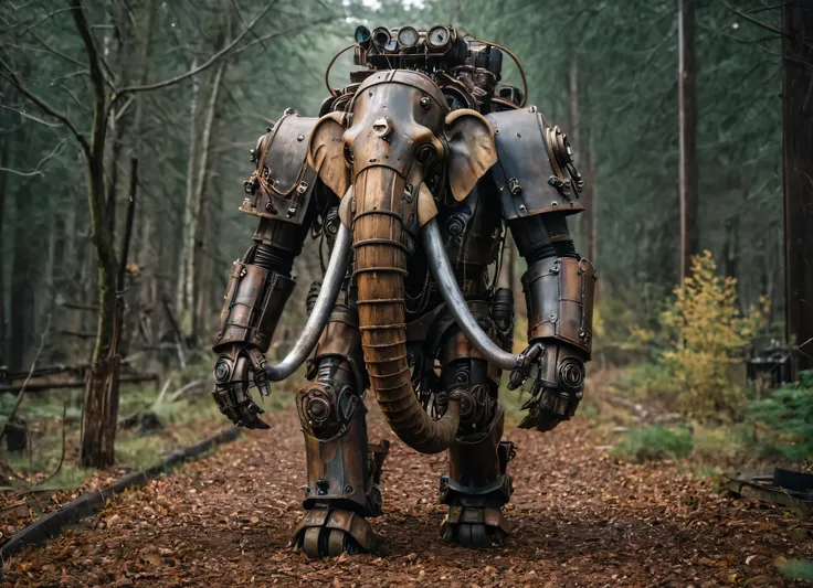 cinematic photo mechanical cyborg (mammoth), (((steampunk))), rusty old armor, old metal, robot, (((full body visible))), wires,...