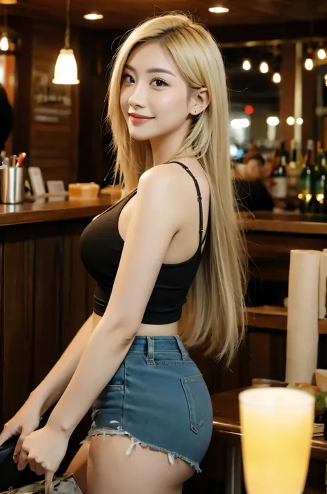 real photo of a asiatique with blond hair, inside a bar, real background, real face