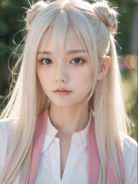 platinum-blonde-hair、long straight hair、Verdi&#39;s eyes、Transparent white and wet pajamas、European youth、perfect body、your face is perfect、bright makeup、thin pink lips、Girl in the shower、1 woman、unbuttoned shirt、lipstick、hair tie、colored inner hair、decept...