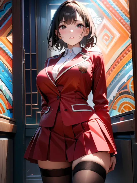 1girl,(Short black hair),(Black eyes),(Big breasts),(School clothes}،(womens stockings),(Red cheeks),(masterpiece:1.5), (8k details:1.3), (unlimited details:1.2), (best eyes:1.4), (ultra clothes details:1.3), (highly detailed background), (vibrant colors),...