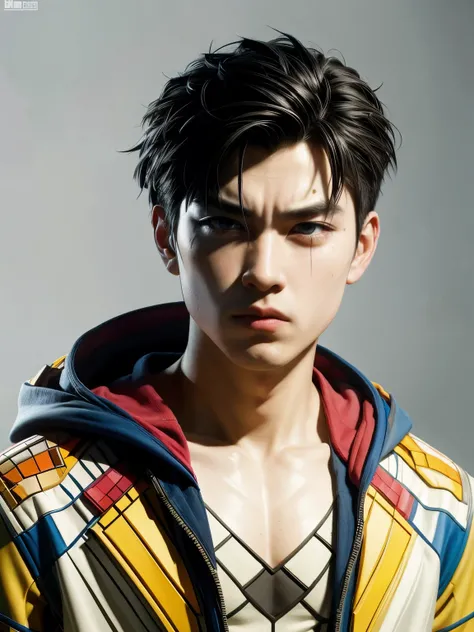 (high quality), (masterpiece), (detailed), 8K, Hyper-realistic portrait of (Japanese boy1.2) wearing (Rubiks Cube-inspired attire1.2), showcasing intricate (cubical patterns1.2) on (black hoodie1.2) and (matching pants1.2). (Vibrant colors1.2) of the Rubik...