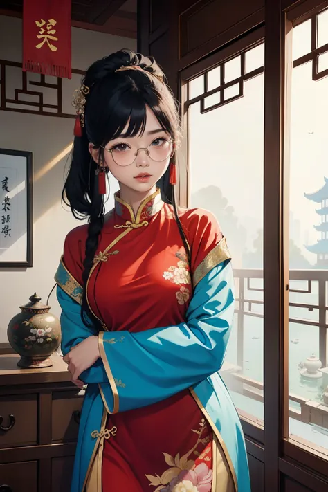 Fuzzy+Ancient Chinese picture of a Chinese woman in ancient times wearing an ancient Chinese dress, red +creatur, cute face, beautiful, open chest, hugging a handsome prince +wearing sunglasses, Chinese warrior, Chinese palace, bedroom +digital, old Chines...