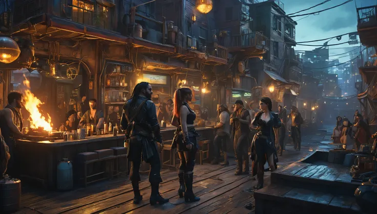 (best quality,4k,8k,highres,masterpiece:1.2),ultra-detailed,(realistic,photorealistic,photo-realistic:1.37) showing a Cyberpunk alley on a pirate island, (is dee Williams porn star with Riley Reed) in a gathering, watching a cat dance by a campfire, there ...