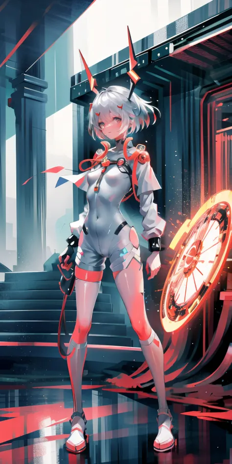 （Best quality：1.2），1 girl，Alone，permanent_，Ayanami Rei，White jumpsuit，Red Eyes，Pilot suits，short hair，Blue Hair，Bangs，Interface Headphones，turtleneck sweater，Hair between the eyes，Pixelated background，Neon lights，Sci-fi color scheme，Vibrant colors，Metallic...