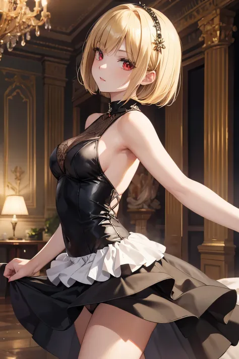 masterpiece. best quality. A woman in a  black dress. red eyes. She has a blonde bob cut. She is dancing at the ballroom of Palace.