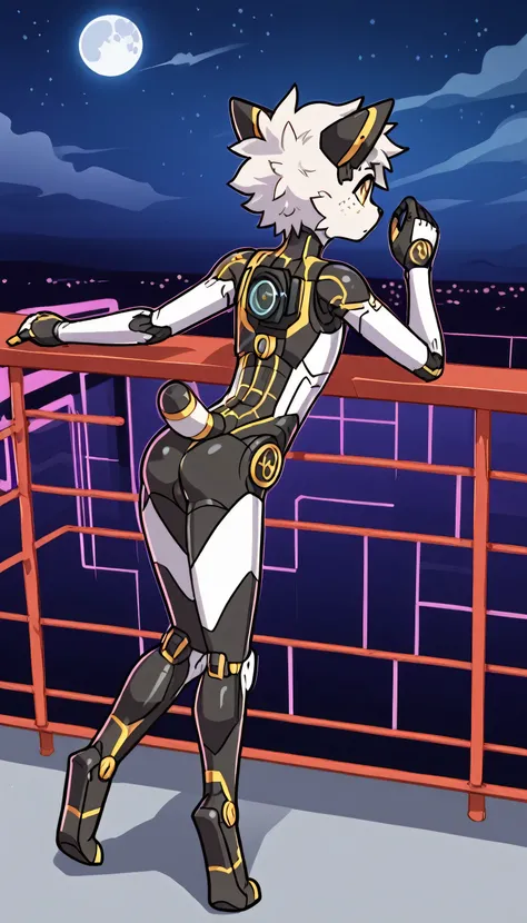 1boy, femboy, fit body, (19 years), anthro, digitigrade legs, thighs, Beecat, white body, short hair, messy hair, (wearing a tron like suit, armor, purple neon) , anime, leaning forward against a railing, crossed legs, cyber aesthetic, cyber futuristic cit...