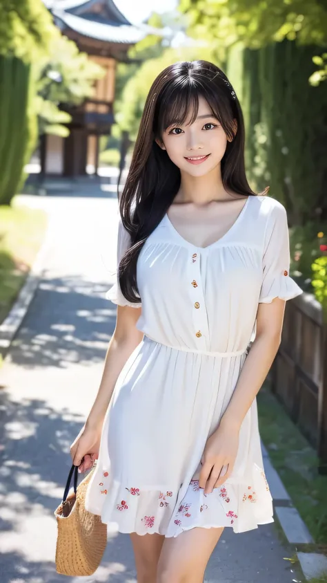 Create an ultra-realistic image of a 21-year-old Japanese woman named Kotone visiting Maruoka Castle in Fukui Prefecture. She has extremely long, perfectly straight black hair that flows down to her waist, with blunt bangs that cover her forehead. Her eyes...