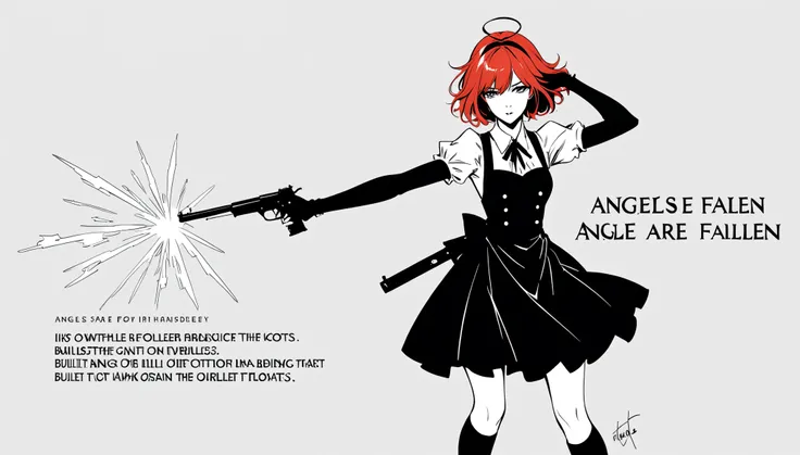 (with the text:"Angles are Fallen":1.4),{in style of Hans Hartung},in style of Aubrey Beardsley
character concept design,(1girl:1.1),gun buster pose,mid_shot,maid,monochrome red hair,(bullet floats:1.4)