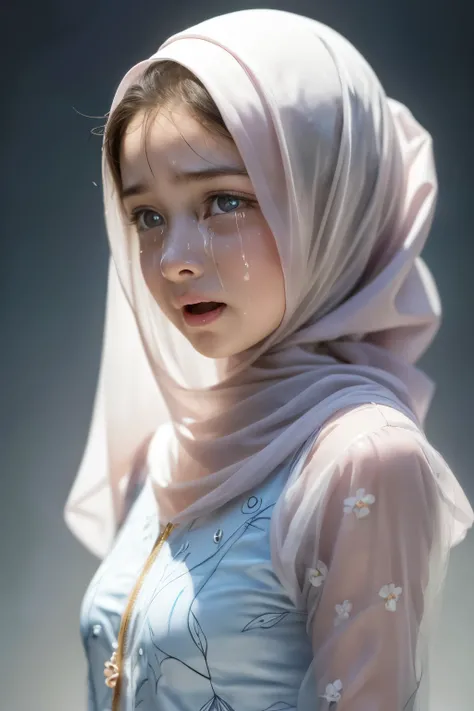 ((CRYING FACE EXPRESSION:1.3)), adorable, 1 girl, (face to face), 10 years old, baby face, half body portrait, (face details: 1), (eye details: 1), ((tiny breasts)). wearing transparent transparency soft long shirt, hijab .. Cposed. proportional body. Ultr...