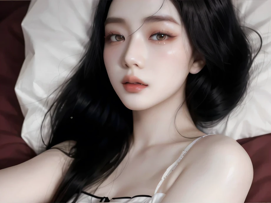 araffed asian woman with long black hair lying on bed, cruel korean gothic girl, pale porcelain white skin, beautiful south kore...