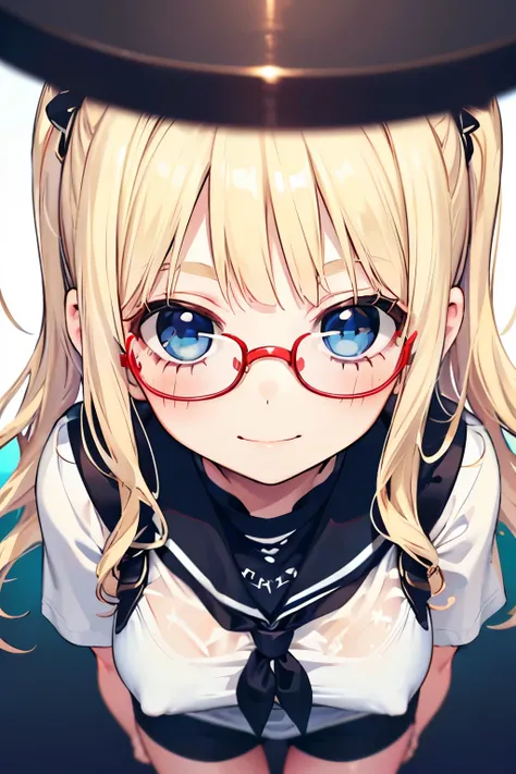 LightBlue Eyes, Very short stature, Very thin thighs,Summer clothes, highest quality,(((Blonde girl))),(red cheek),((Cute voice)),Glasses,(Close-up of face:1.1),(Nihilistic smile:1.2),(💌:1.2),(Confession:1.2).