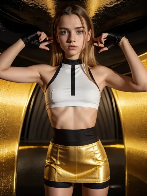 18 year old white european girl wearing a black crop top and gold short skirt.  she is inside a submarine.  professionally color...