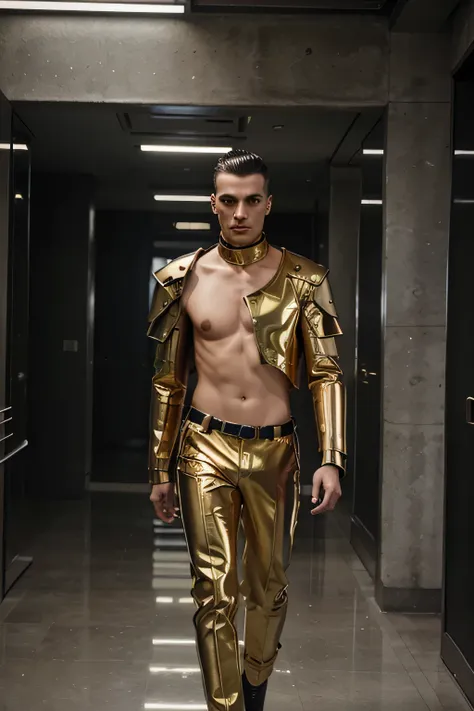 on a general level, There is a man dressed in golden leather with a bare chest., walking down a hallway, futuristic urban style, editorial model, magazine editorial photo, fashion magazine editorial, vman magazine, official fashion editorial, an epic male ...