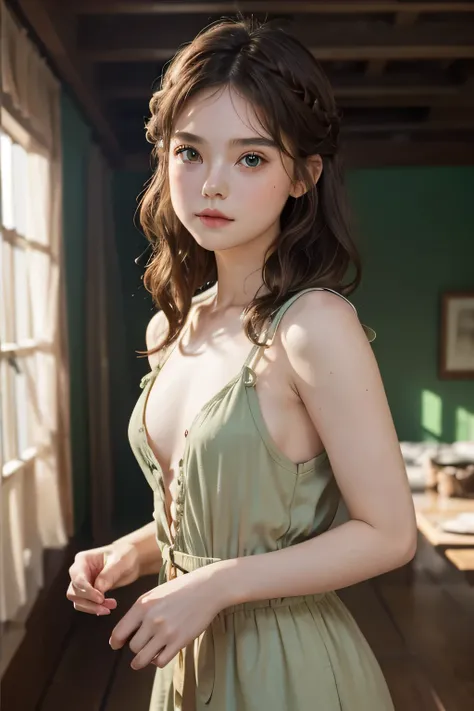 1 girl, solo, cute, looking at viewer, beautiful body, blush, (brown short crown braided wavy hair), (small breast), (green eyes), very life-like eyes, stylish casual outfit, beautiful environment, highly detailed, masterpiece, best quality, highest qualit...