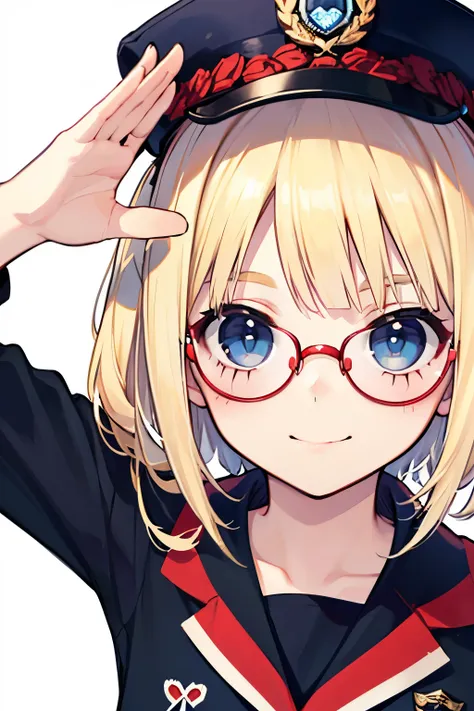 LightBlue Eyes, Very short stature, Very thin thighs,Summer clothes, highest quality,(((Blonde girl))),(red cheek),Glasses,(Close-up of face:1.1),(Nihilistic smile:1.2),(salute,police:1.2),(Confession:1.2).