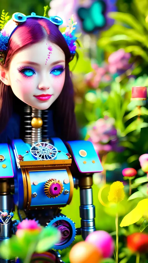 a girl playing with a whimsical mechanical creature in a lush garden, beautiful detailed eyes, beautiful detailed lips, extremely detailed eyes and face, long eyelashes, intricate mechanical design, gears and moving parts, vibrant colors, natural lighting,...