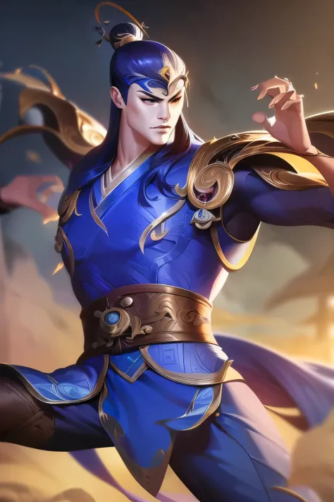 Highly detailed, ((masterpiece)), League of Legends splash art of a xianxia warrior, 1boy, Zheng Yecheng, hanfu clothes, long hair, topknot, splash art, dynamic pose