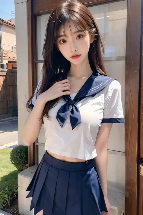 (Ultra HD), (Short-sleeved sailor uniform, Navy blue mini skirt), Big Breasts, slender, whole body, Standing posture, (Clean and shiny skin, Whitening, No makeup), (Super slim face, Super beautiful face), (semi-long, Layered Cut, Fluffy hair), (double eyel...