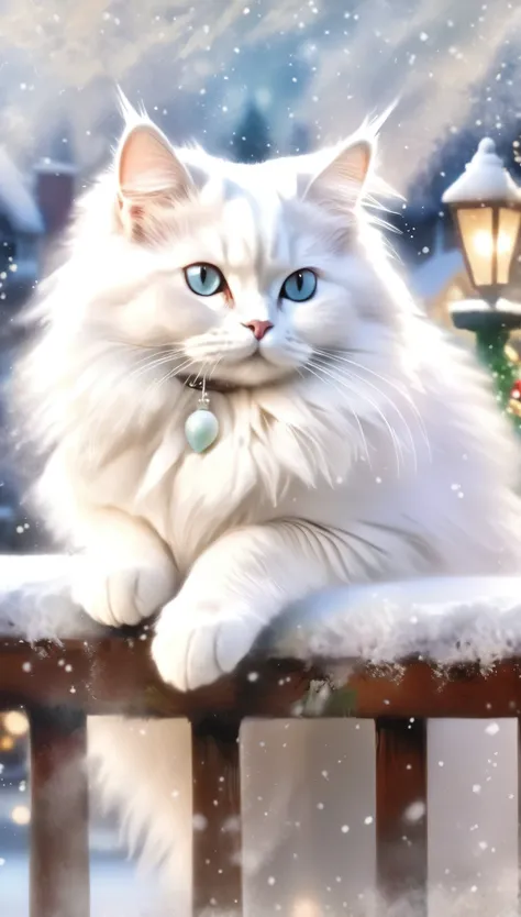 close up of a winter extra fluffy white angelic cat sitting on a deck rail in snow with christmas town scene in background, fall...