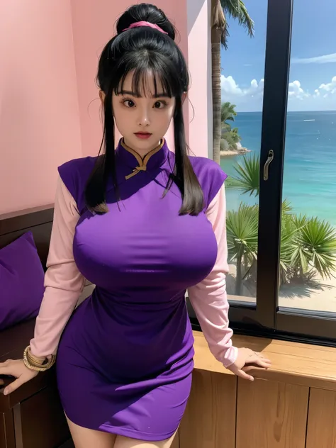 (masterpiece, best quality:1.2), 1girl, solo, professional lightings, cinematic lightings, 8k wallpaper, ultra realistic portrait of chichi, dragonball, chichi_dbz, long sleeve pink shirt under china dress, ((sun glass, dark purple Chinese dress, orange sc...