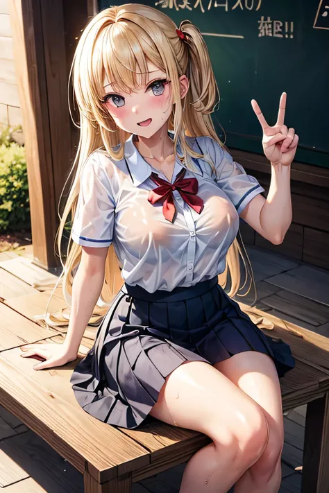 (highest quality)), ((masterpiece)), (family friendly), Perfect Face,Shiny skin,Beautiful breasts,red eyes,Shiny skin、Sunburned skin、Sweat、Off the shoulder、Double teeth、(((akaihaato)))、Big Breasts,(((Milking)))、(((Prone、{school uniform,Short sleeve shirt,B...