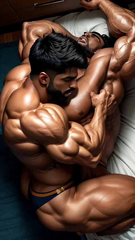 two indian muscular men doing hot body playing couple entwined with Pain is raging on the face, and making aggressive face expressions, from above view, musclebound and hulking, muscular bodies, large muscles, very beautiful body playing, seductive body pl...