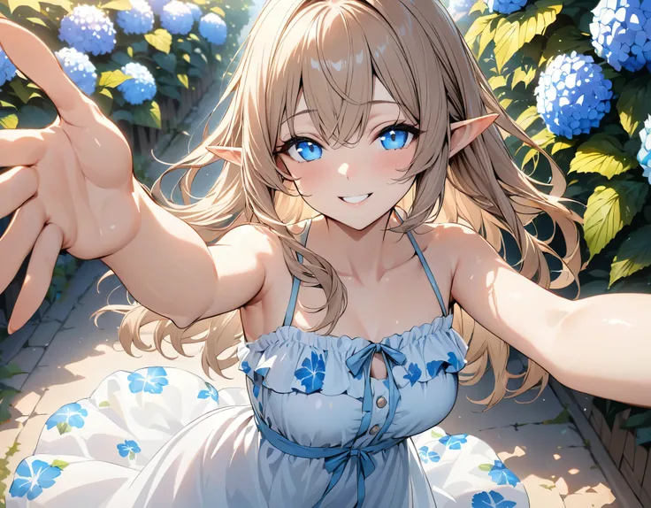 ((masterpiece)), ((best quality)), perfect detailed eyes, perfect detailed face, ultra-detailed nose, bare shoulders, charming, perfect face, detailed hands, Sundress, summer dress, Hibiscus print clothes, smile, elf, long pointy ears, light brown hair, gr...