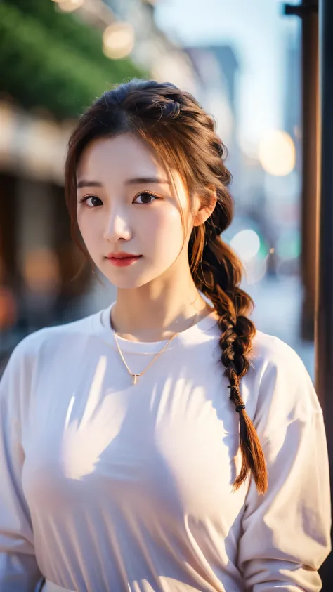 close-up of beautiful beautiful korean female, 34 inch breasts size, braided ponytail, wearing long sleeve shirt, necklace , bokeh background,UHD