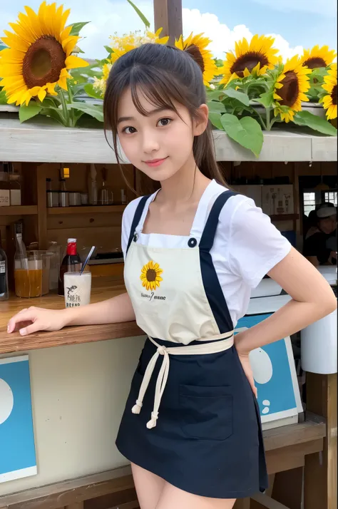 20 years old girl (Japanese cute face) is wearing apron, mini skirt at the beach bar with sunflower