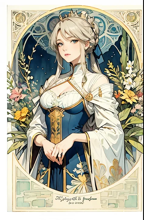 ((masterpiece)), (Highest quality), (Cinematic), Art Nouveau watercolor , Floral_background, Intricate designs and patterns in the style of Alphonse Mucha,Artoria Pendragon,destiny/Stay Night