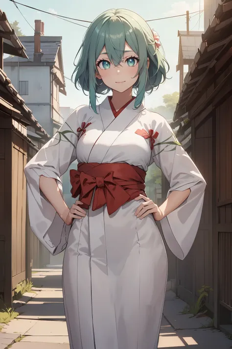 shinono, green hair,large breats,light smile, break ({white kimono:1.35}, {red hakama:1.35}, {wide sleeves:1.20}:1.5), break cit...