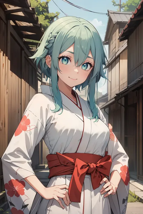 shinono, green hair,large breats,light smile, break ({white kimono:1.35}, {red hakama:1.35}, {wide sleeves:1.20}:1.5), break cit...