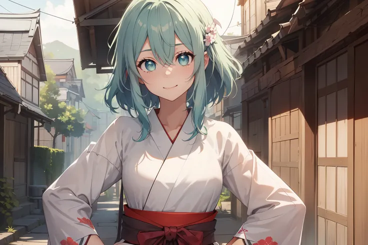 shinono, green hair,large breats,light smile, break ({white kimono:1.35}, {red hakama:1.35}, {wide sleeves:1.20}:1.5), break cit...