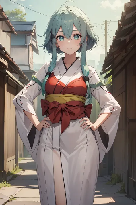 shinono, green hair,large breats,light smile, break ({white kimono:1.35}, {red hakama:1.35}, {wide sleeves:1.20}:1.5), break cit...